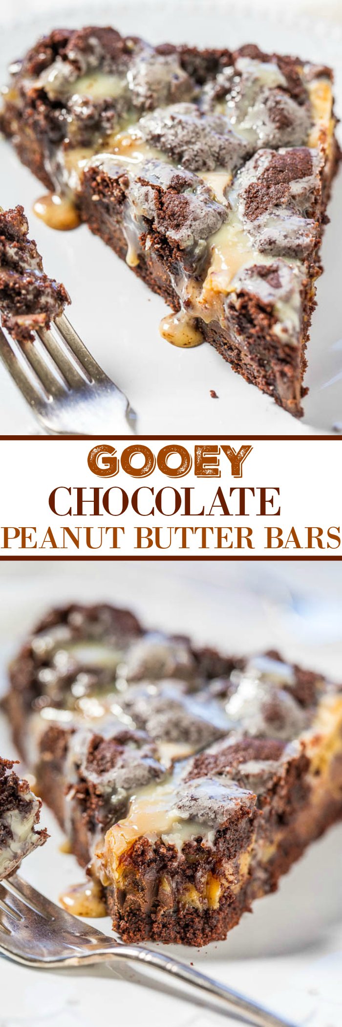 Gooey Chocolate Peanut Butter Bars - A rich, fudgy, decadent, brownie-like base with a peanut butter mixture poured over the top!! Fast and easy! So gooey and so good!!