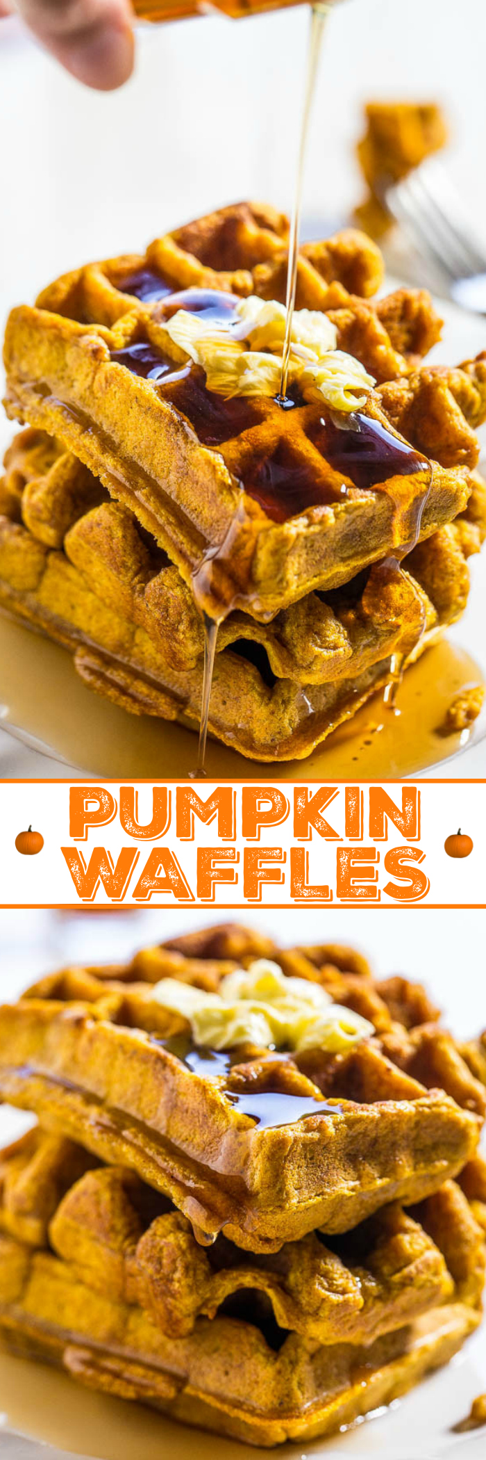 Pumpkin Waffles - Bold pumpkin flavor in every bite of these easy waffles!! Doused with maple syrup, they're a perfect comfort food breakfast that everyone will love!!