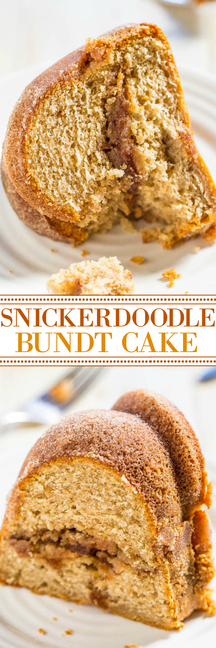 Snickerdoodle Bundt Cake - A cinnamon-sugar filling runs through the center of this soft, buttery cake that's also coated with cinnamon-sugar!! Everyone loves this easy cake that tastes like snickerdoodle cookies!!
