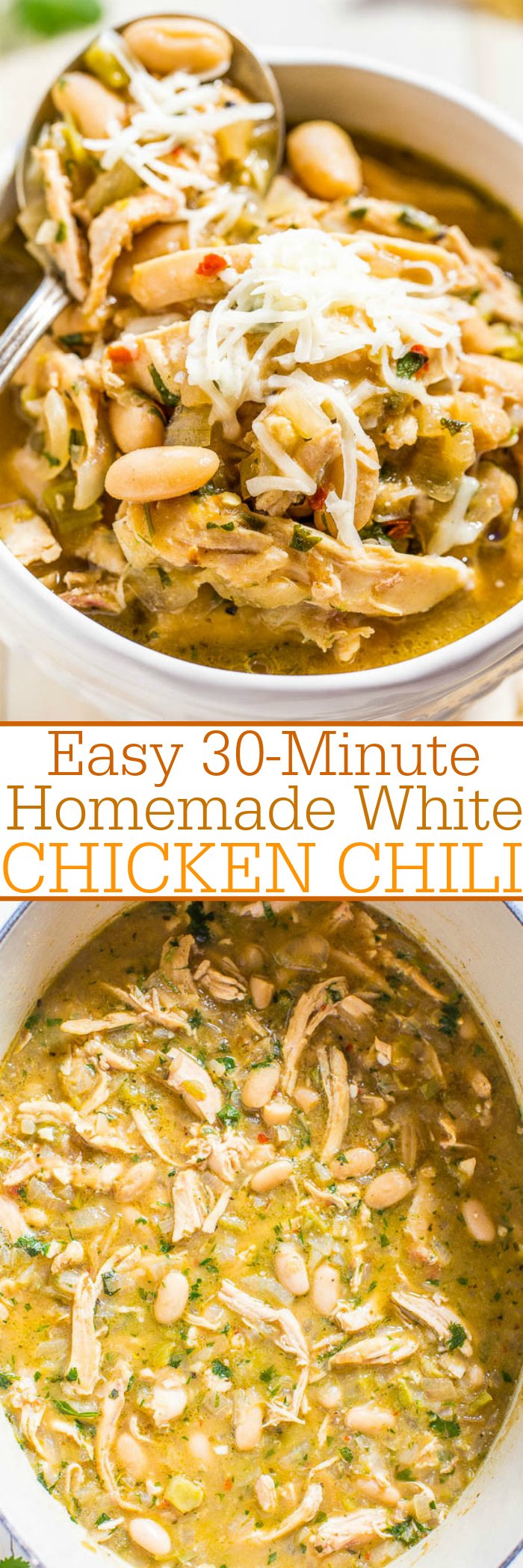 Easy 30-Minute Homemade White Chicken Chili - Hearty, healthy, loaded with tender chicken, and packed with bold flavor!! Fast and easy comfort food that everyone loves!! It'll be on rotation all winter!