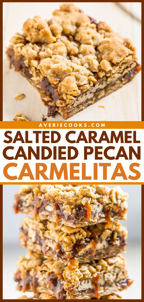 Salted Caramel Pecan Bars — These bars are packed with chocolate, oats, candied pecans, and are dripping with salted caramel! Beyond-words amazing and an absolute must-make!!
