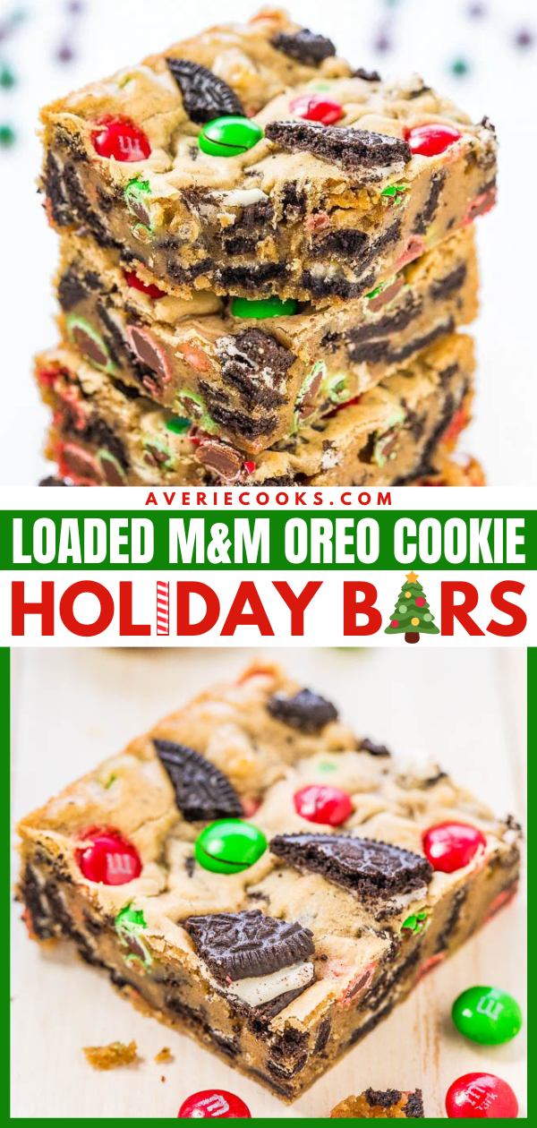 Loaded Holiday M&M's Cookie Bars — These M&M's cookie bars are packed with holiday M&M's and crushed Oreos. This is an easy, one-bowl holiday dessert your family will love! 