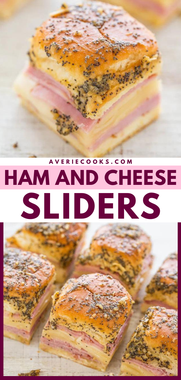 Ham and Cheese Sliders — Baked juicy ham and Swiss nestled in soft Hawaiian rolls and brushed with a buttery Dijon, onion, and poppy seed topping!! Fast, EASY, and a party FAVORITE!!