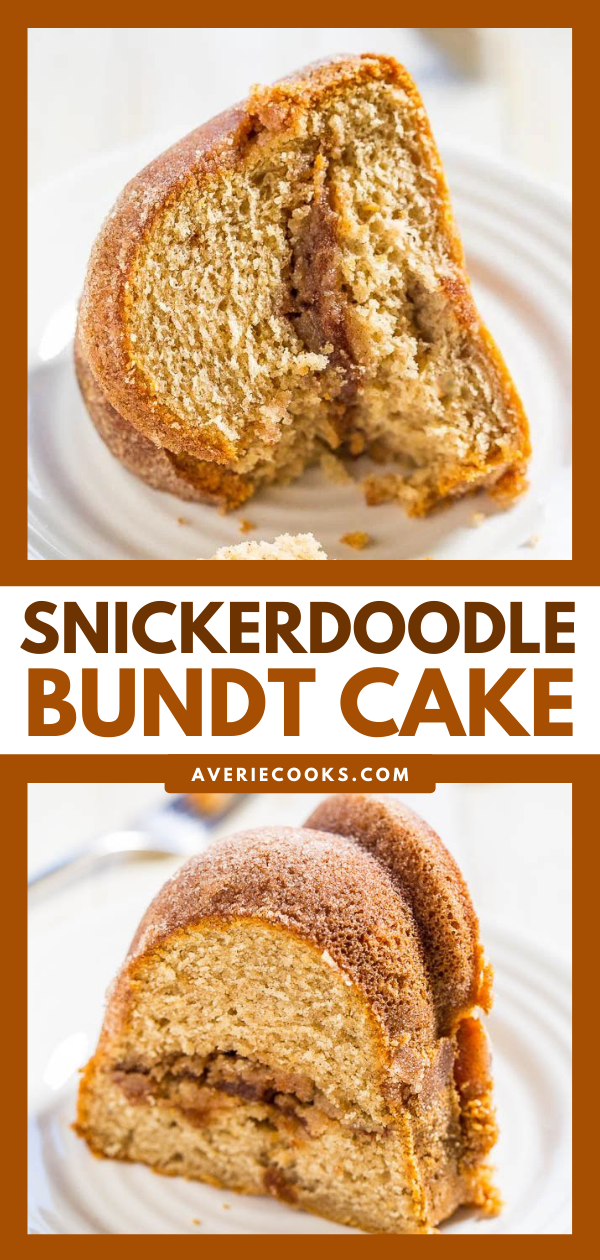Snickerdoodle Cake — The interior of this addicting snickerdoodle cake is soft, buttery, dense, and has an almost pound cake-like texture. The cinnamon-sugar filling is my favorite part!