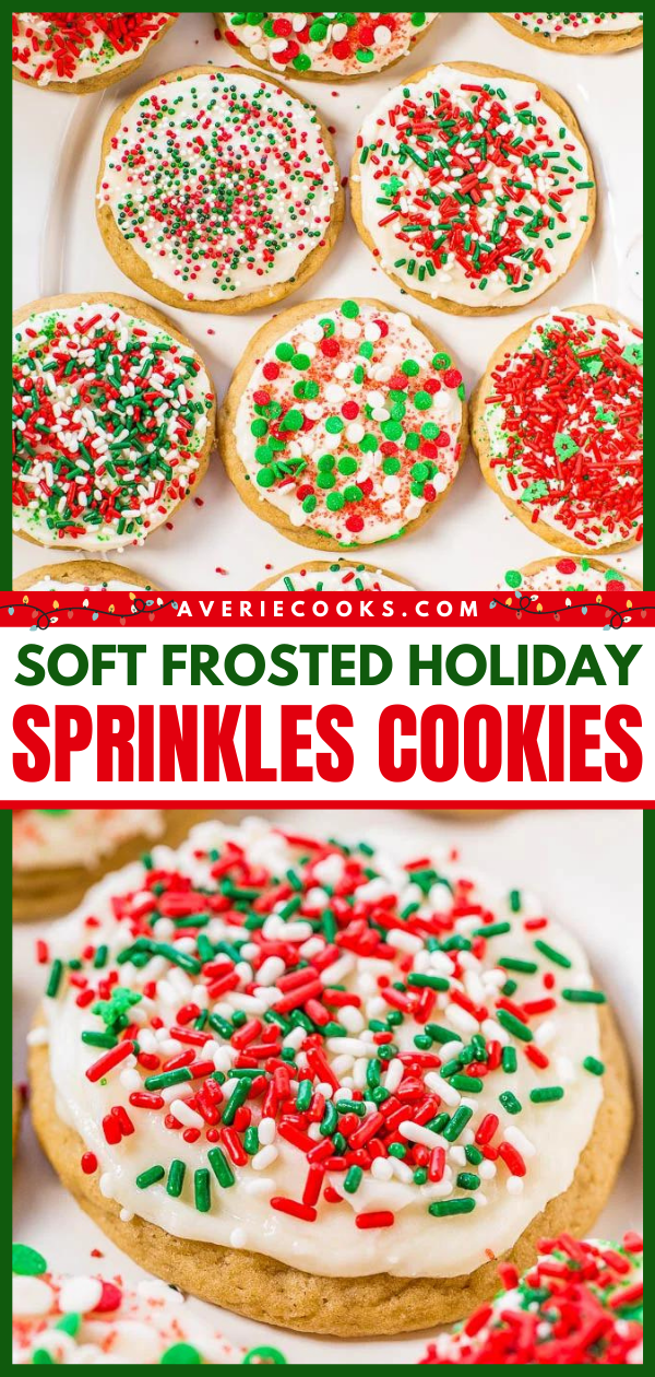 Soft Frosted Christmas Cookies — Christmas sugar cookies topped with cream cheese frosting and loaded with sprinkles! Easy, no-roll cookies that everyone goes crazy for!
