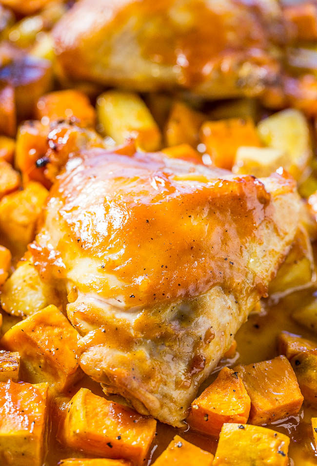 One-Pan Barbecue Chicken and Roasted Sweet Potatoes - Juicy chicken and tender potatoes roasted on one pan!! The barbecue sauce keeps everything super moist and flavorful!! Fast, easy, and zero cleanup!