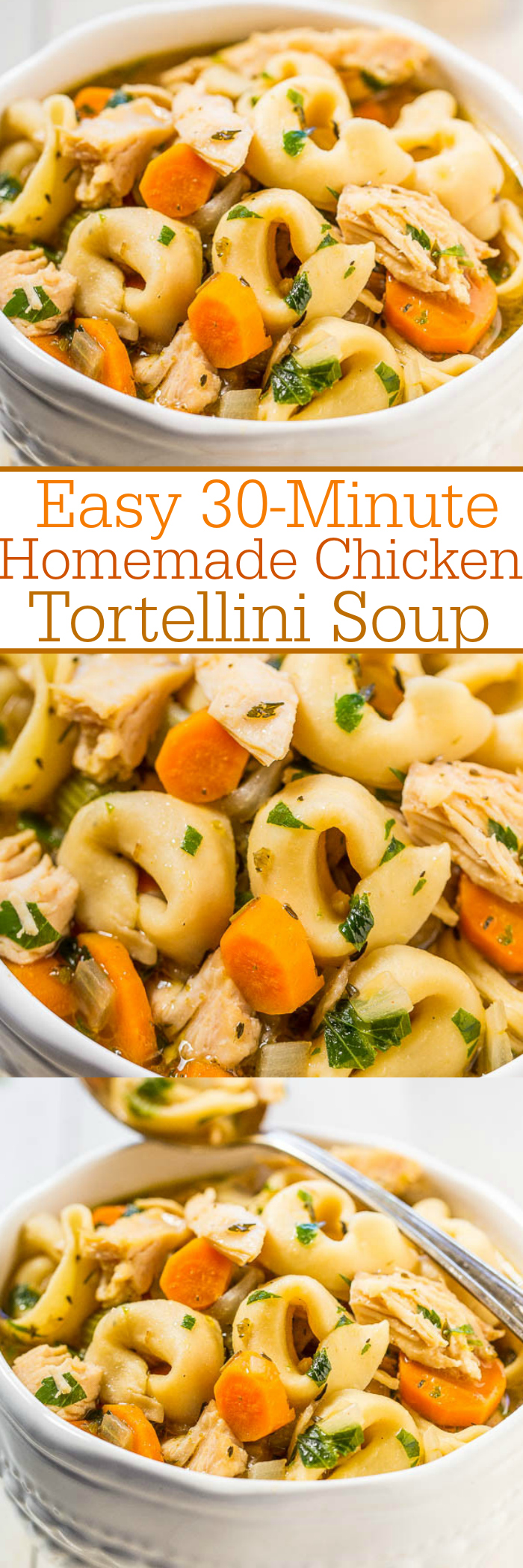 Easy 30-Minute Homemade Chicken Tortellini Soup - An fun spin on classic chicken noodle soup using cheese tortellini!! Fast, easy, comfort food that just hits the spot! You'll make it over and over again!!