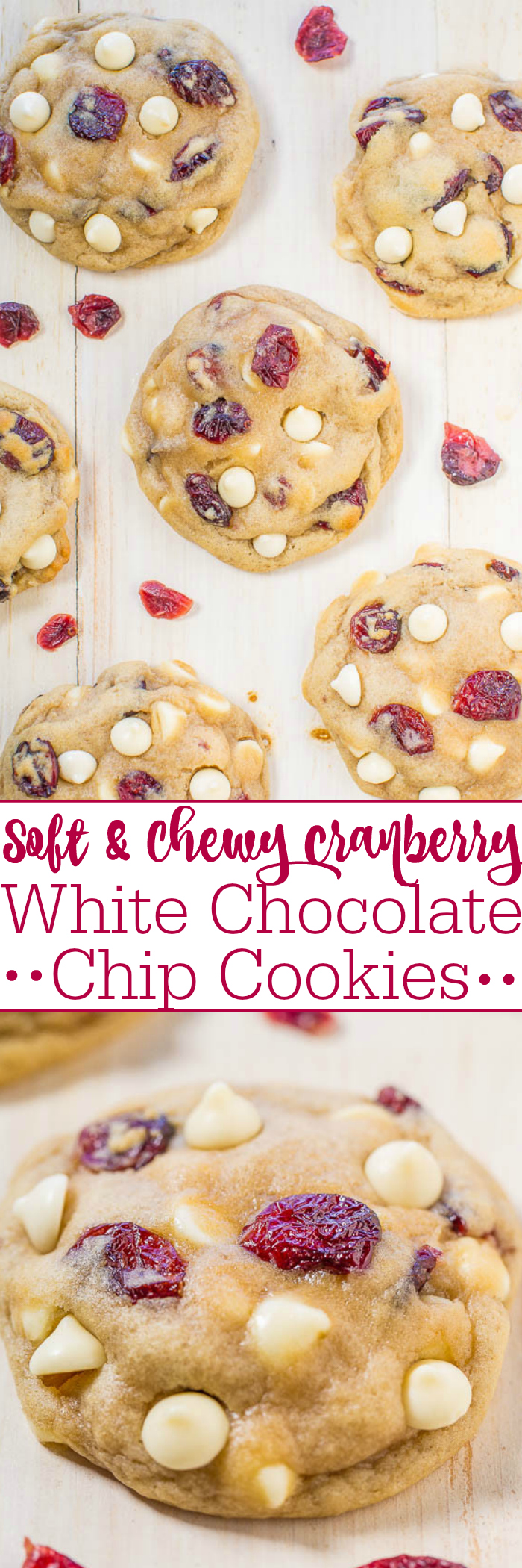 Soft and Chewy Cranberry White Chocolate Chip Cookies - Super soft, buttery, and a holiday baking must-make!! Very popular at cookie exchanges and everyone will want the recipe! So good!!