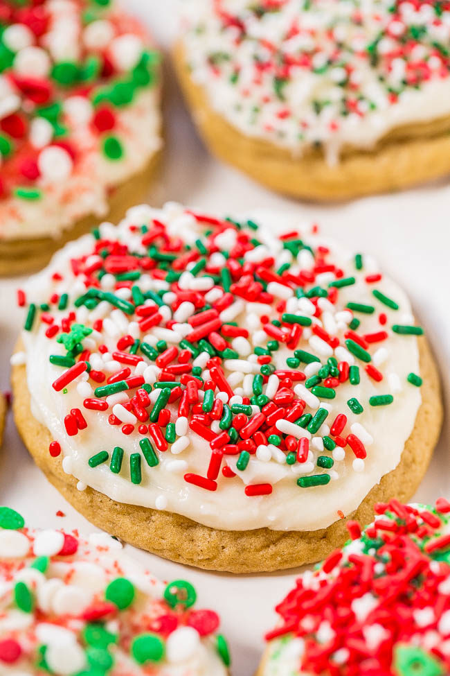Soft Frosted Holiday Sprinkles Cookies - Averie Cooks
