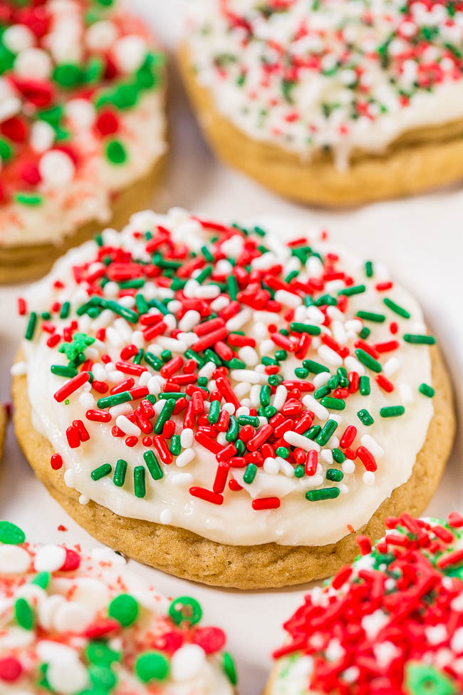 close up of a christmas frosted sugar cookie. 