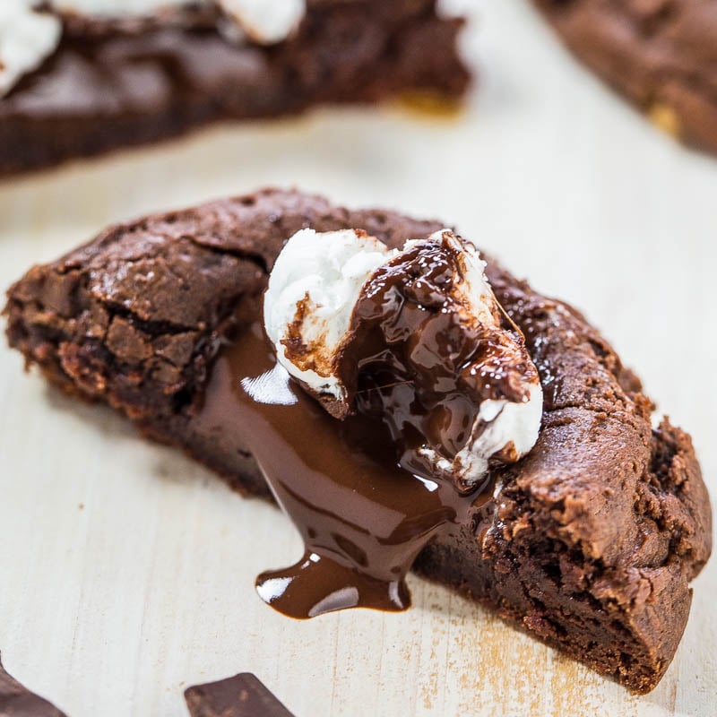 A gooey chocolate cookie topped with a melting marshmallow.