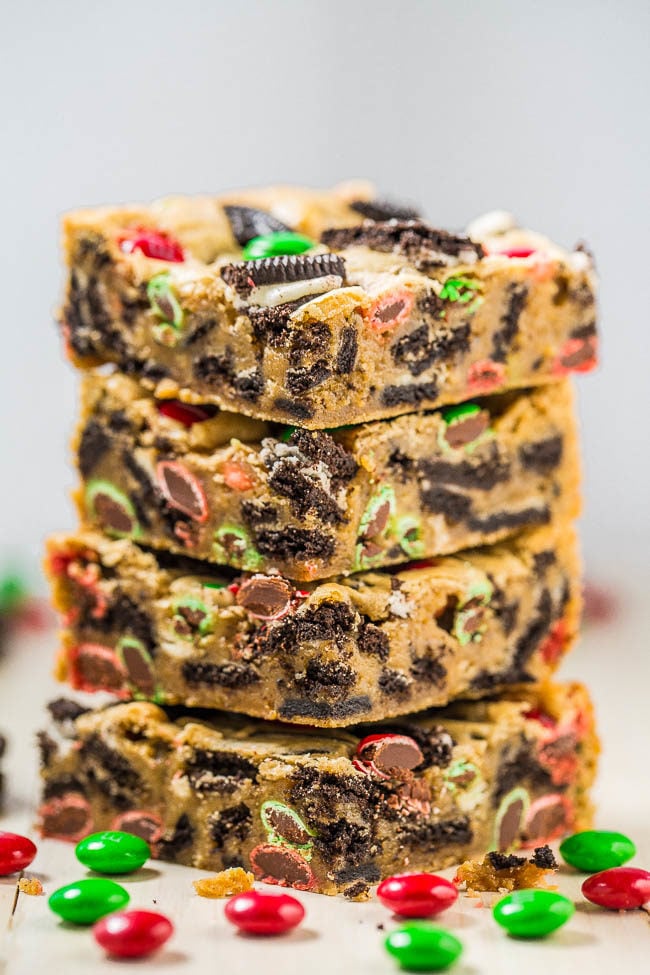 A stack of Loaded M&M Oreo Cookie Holiday Bars