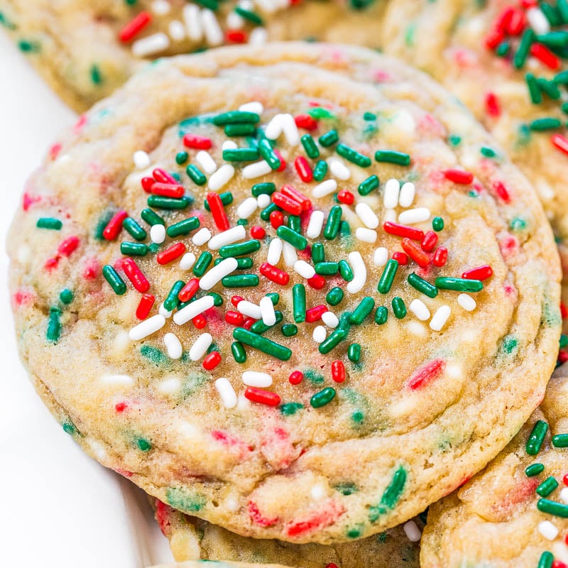 Sugar cookies with red and green sprinkles.