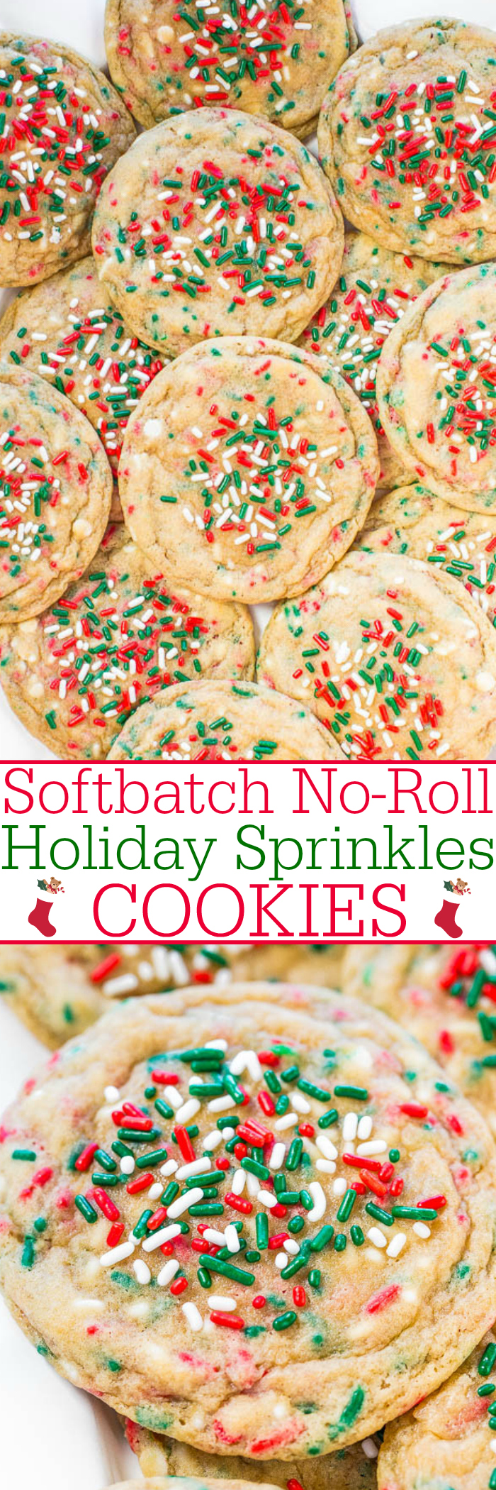 Softbatch No-Roll Holiday Sprinkles Cookies - No-roll dough with sprinkles baked in so you don't have to decorate cookies!! Big timesavers! Everyone loves these soft, buttery cookies loaded with sprinkles!!