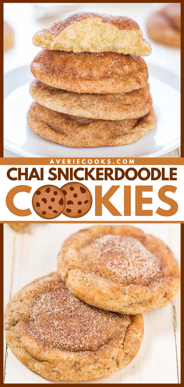 Chai Cookies — Everything you love about regular snickerdoodles, but with the added bonus of chai spices!! Soft, pillowy, and the cinnamon-sugar coating makes them irresistible!!