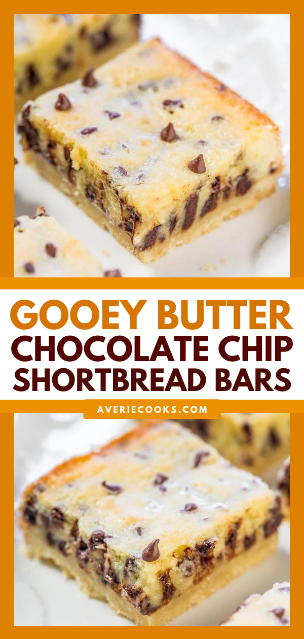 Gooey Butter Chocolate Chip Shortbread Bars — A buttery shortbread crust topped with a creamy, buttery topping that's almost like custard!! The bars live up to their gooey, buttery name!!