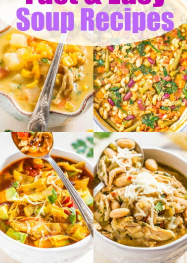 A collage showcasing 15 varieties of fast and easy-to-prepare soup recipes.