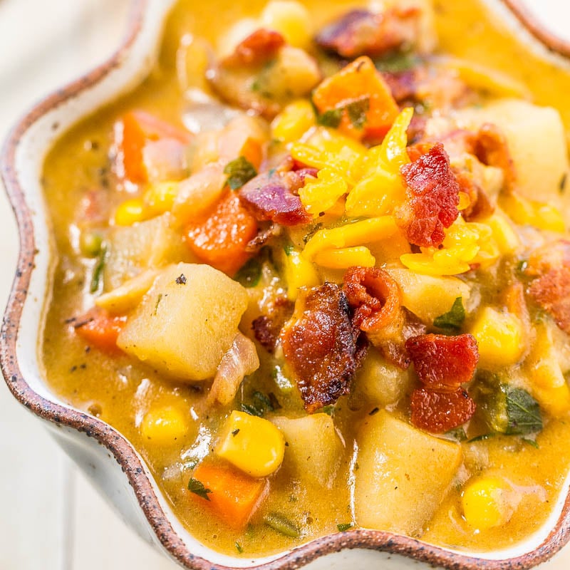 Hearty vegetable and bacon stew served in a decorative dish.