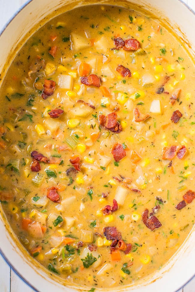 Loaded Bacon Potato Corn Chowder — Loaded with all the good stuff!! Bacon, cheese, and more! Hearty, comforting, fast, and easy! A dinnertime favorite that's perfect for busy nights!!