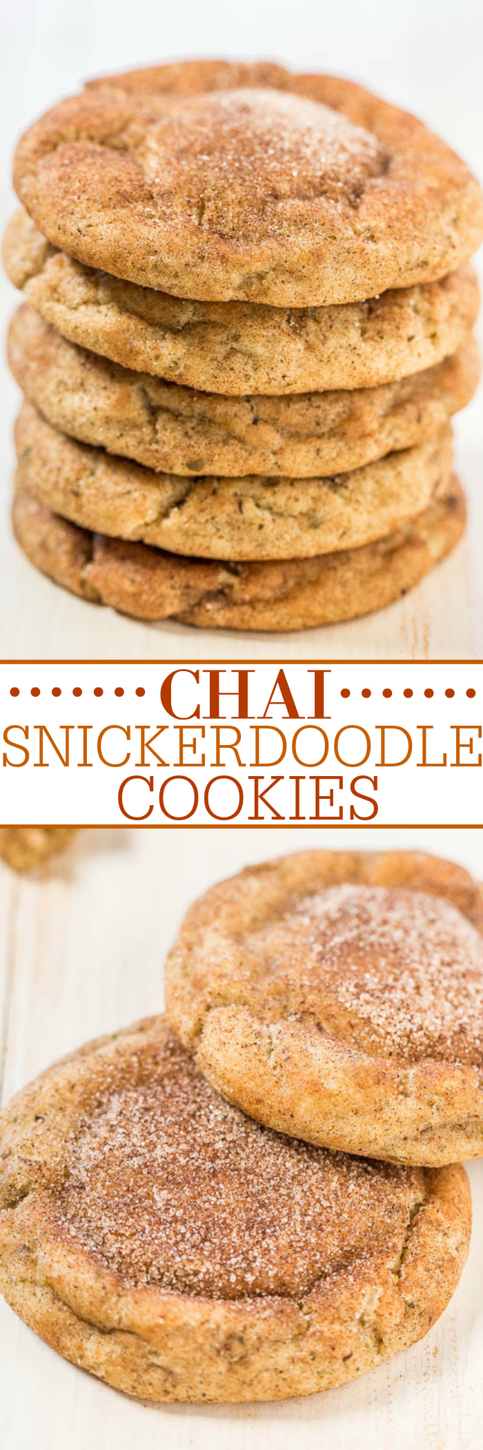 A stack of chai snickerdoodle cookies sprinkled with sugar on a wooden surface.
