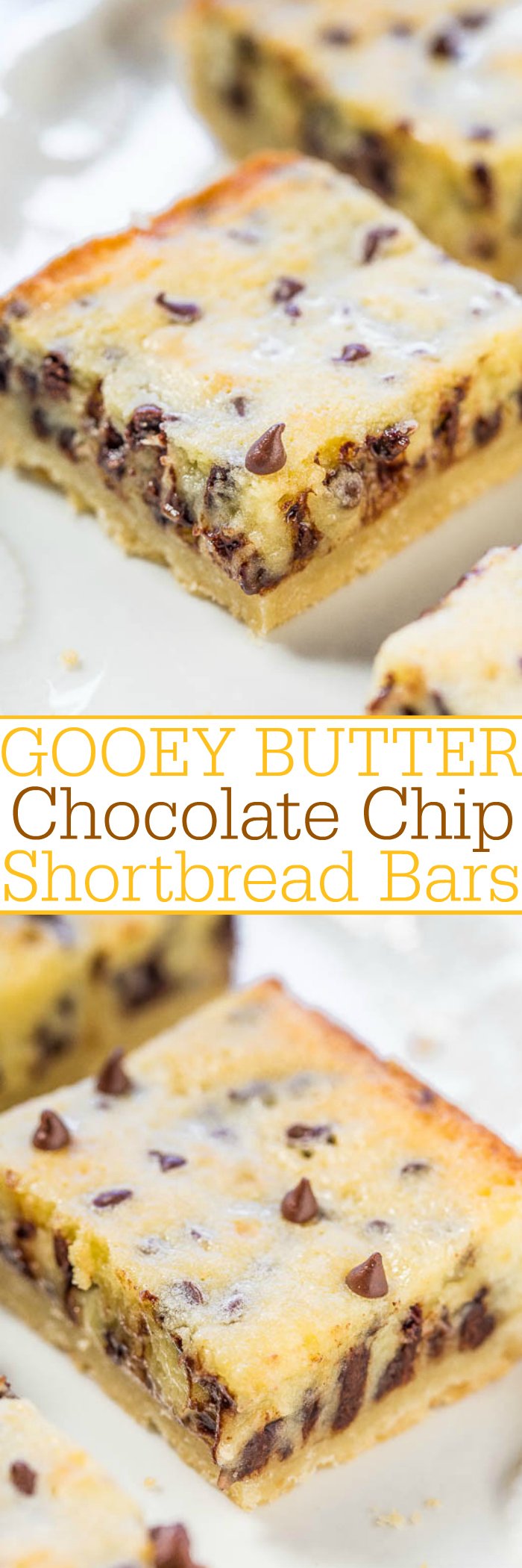 Gooey Butter Chocolate Chip Shortbread Bars - A buttery shortbread crust topped with a creamy, buttery topping that's almost like custard!! The bars live up to their gooey, buttery name!!