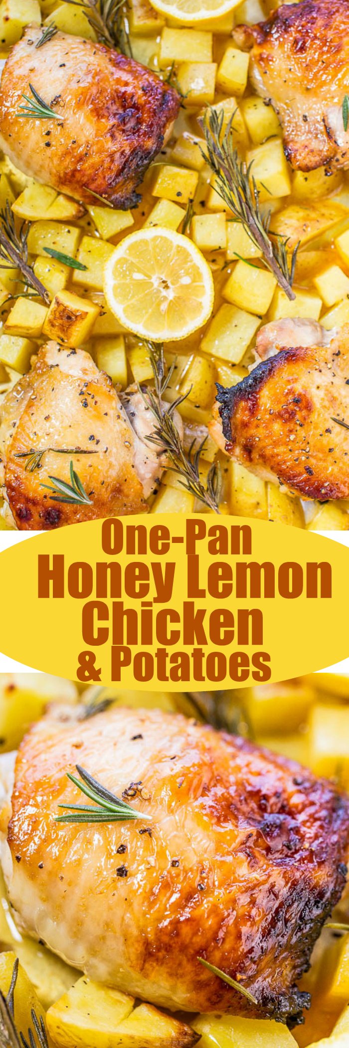 One-Pan Honey Lemon Chicken and Roasted Potatoes - Juicy chicken with a honey lemon glaze that's tangy-sweet and so good!! Healthy, fast, so easy, and cleanup is a breeze!!