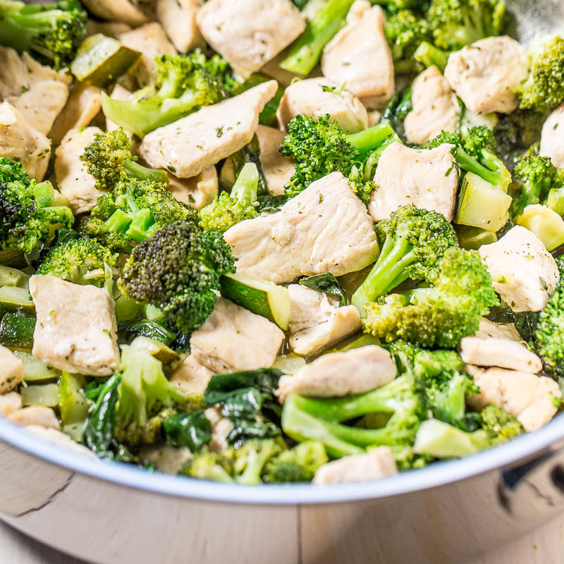 Stir-fried chicken and broccoli in a pan.