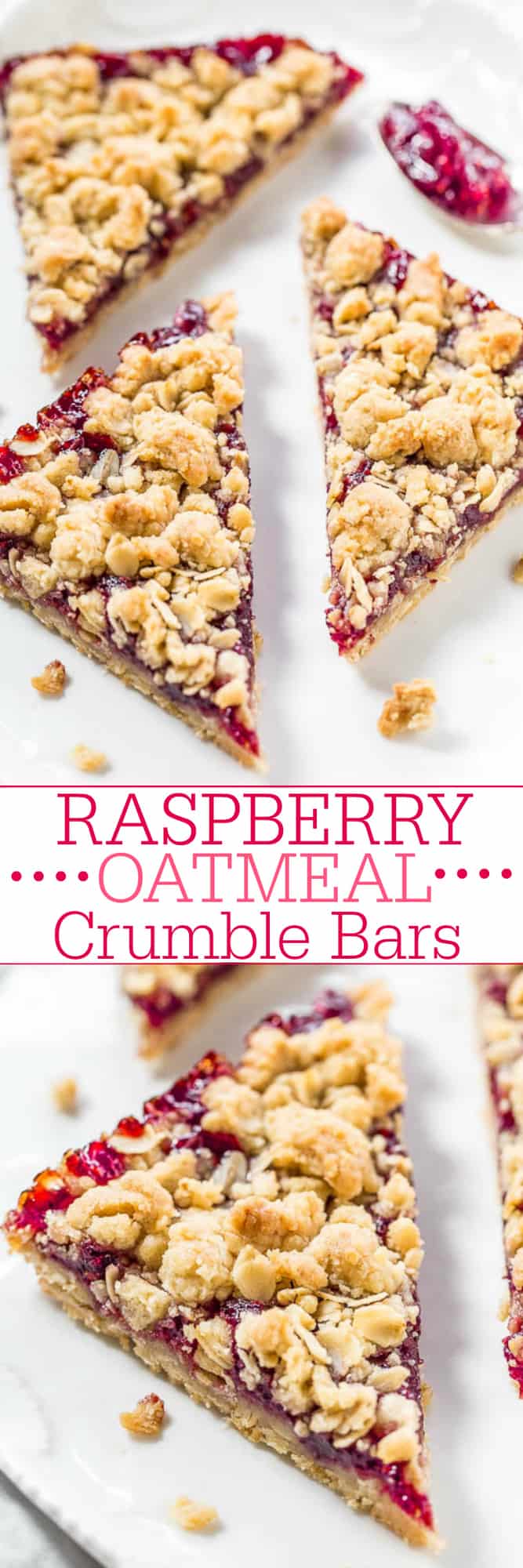 Raspberry Oatmeal Crumble Bars - Fast, easy, no-mixer bars great for breakfast, snacks, or a healthy dessert!! The big crumbles are irresistible! Fresh raspberries not needed so you can make the bars year round!!