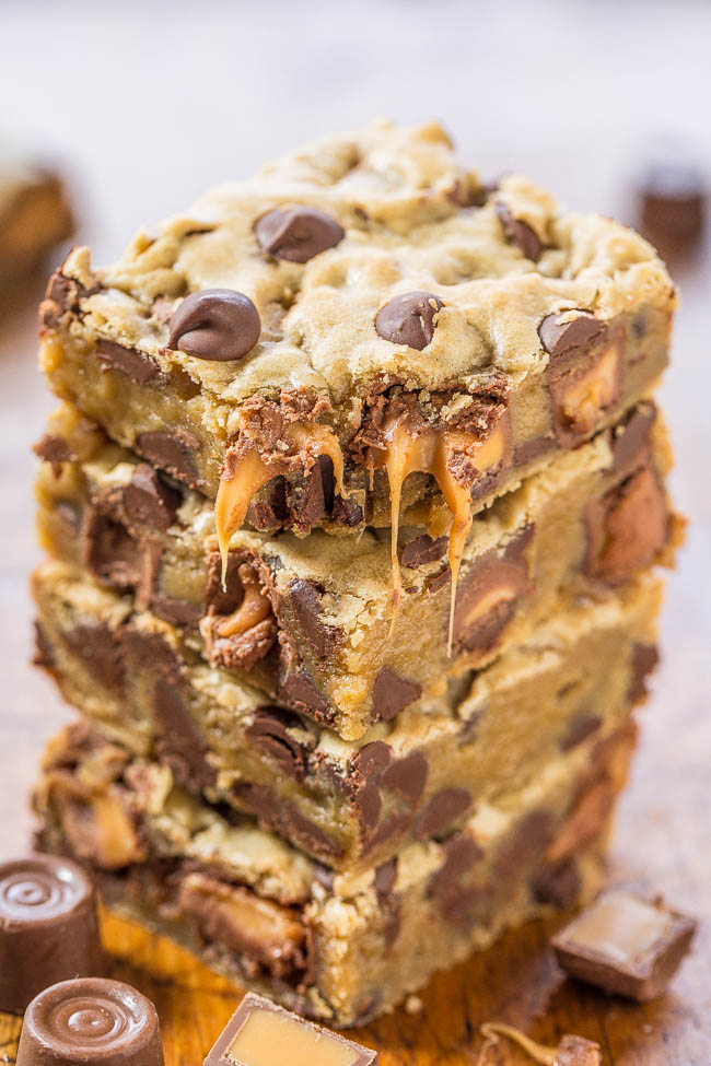 stack of four rolo cookie bars