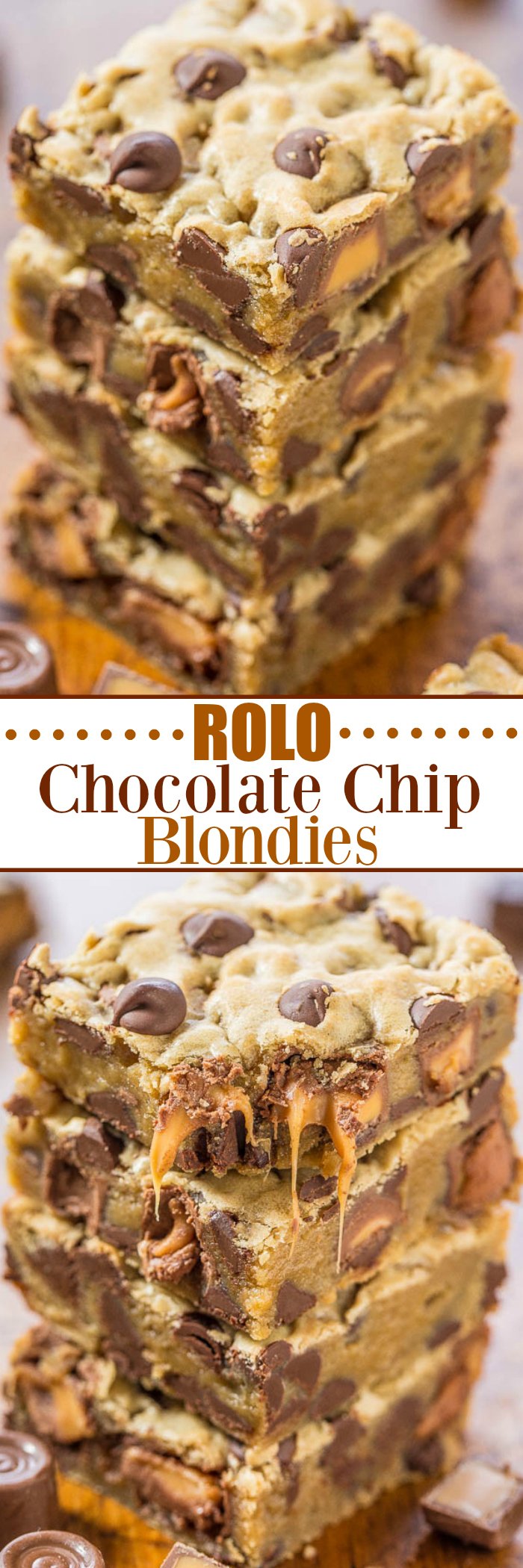 Chocolate Chip Rolo Cookie Bars — Gooey caramel, chocolate chips, and buttery soft dough!! Easy, one-bowl, no-mixer recipe that's a guaranteed hit! Who can resist caramel and chocolate!!
