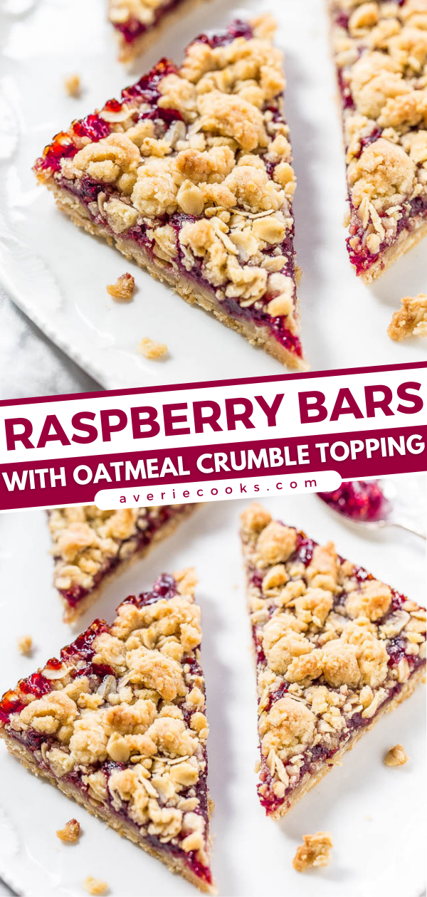 Raspberry Bars with Crumble Topping — These easy raspberry bars are made with a delicious oatmeal crumble topping. They require less than 10 minutes of hands-on prep and everyone loves these!