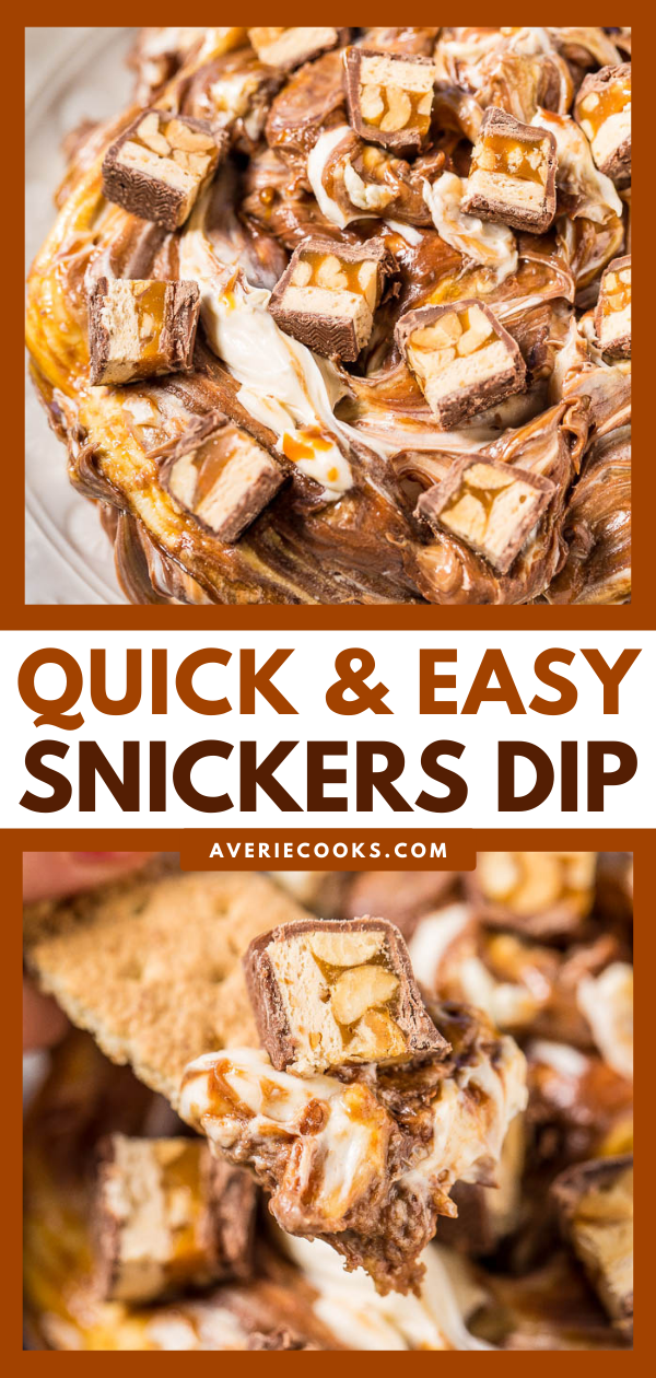Snickers Dip - Melted chocolate, caramel, peanuts, and chopped Snickers bars in a creamy, decadent dip!! My new favorite way to eat Snickers! Easy, ready in 10 minutes, and perfect for parties!!