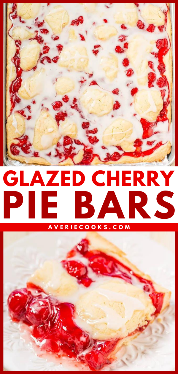 Glazed Cherry Pie Bars — Just like your favorite cherry pie but way easier!! A no-roll crust with juicy cherries and topped with a sweet glaze! Perfect for parties, events, and holidays!!
