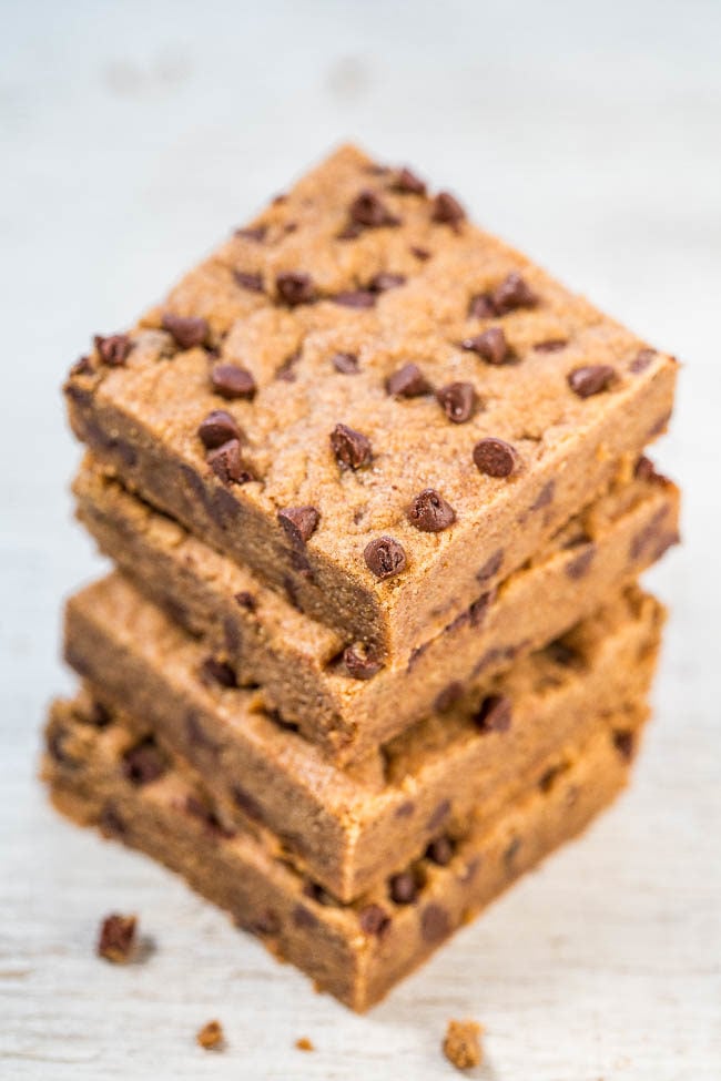 Chocolate Chip Almond Butter Bars — Soft, chewy, and flourless so the creamy almond butter shines through with chocolate chips in every bite!! Easy, no-mixer peanut-free dessert recipe that's a guaranteed hit!!