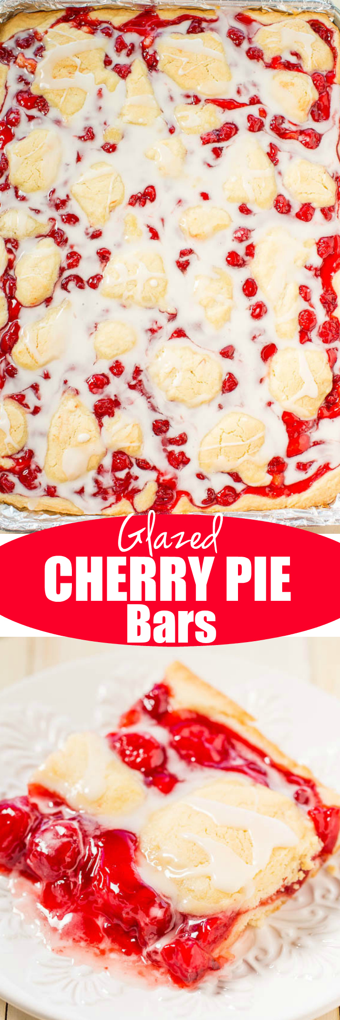 Glazed Cherry Pie Bars - Just like your favorite cherry pie but way easier!! A no-roll crust with juicy cherries and topped with a sweet glaze! Perfect for parties, events, and holidays!!