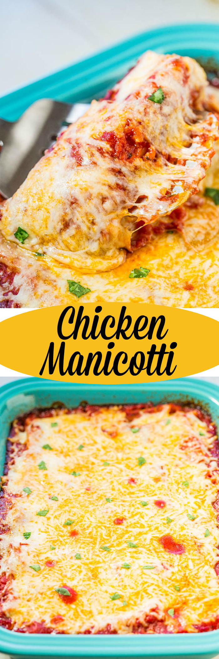 Easy Chicken Manicotti - Pasta shells stuffed with chicken, coated in red sauce, and smothered with loads of melted cheese!! Pure comfort food that's packed with flavor that the whole family will love!!