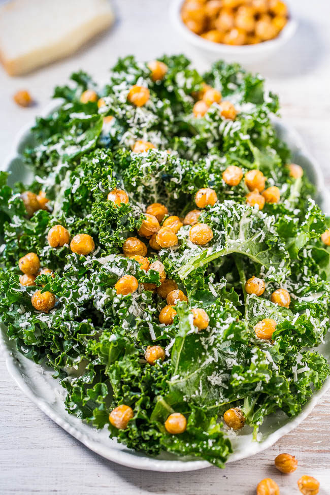Kale Caesar Salad with Fried Chickpeas - A fresh spin on Caesar salad with an easy, whisk-together dressing loaded with bold flavor!! You won't miss croutons when you've got crispy, crunchy fried chickpeas that are insanely good!!