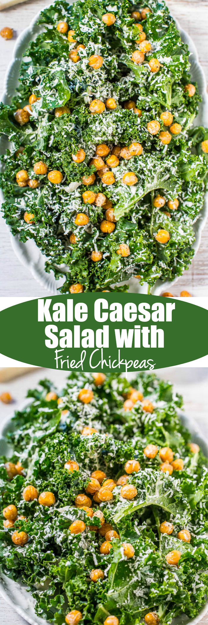 Kale Caesar Salad with Fried Chickpeas - A fresh spin on Caesar salad with an easy, whisk-together dressing loaded with bold flavor!! You won't miss croutons when you've got crispy, crunchy fried chickpeas that are insanely good!!
