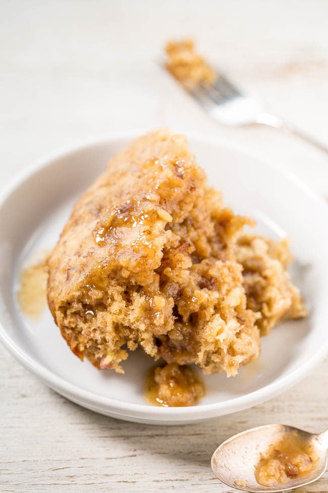 Slow Cooker Banana Bread Cake with Brown Sugar Sauce - Soft, tender banana bread with a caramely, brown sugar sauce that develops while the bread cooks!! If you've never made dessert in your slow cooker, start with this easy recipe!!