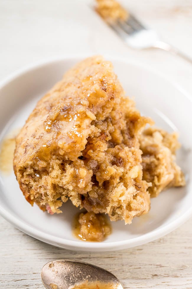 Slow Cooker Banana Bread Cake with Brown Sugar Sauce — Soft, tender CrockPot banana bread with a caramely, brown sugar sauce that develops while the bread cooks!! If you've never made a slow cooker dessert, start with this easy recipe!!