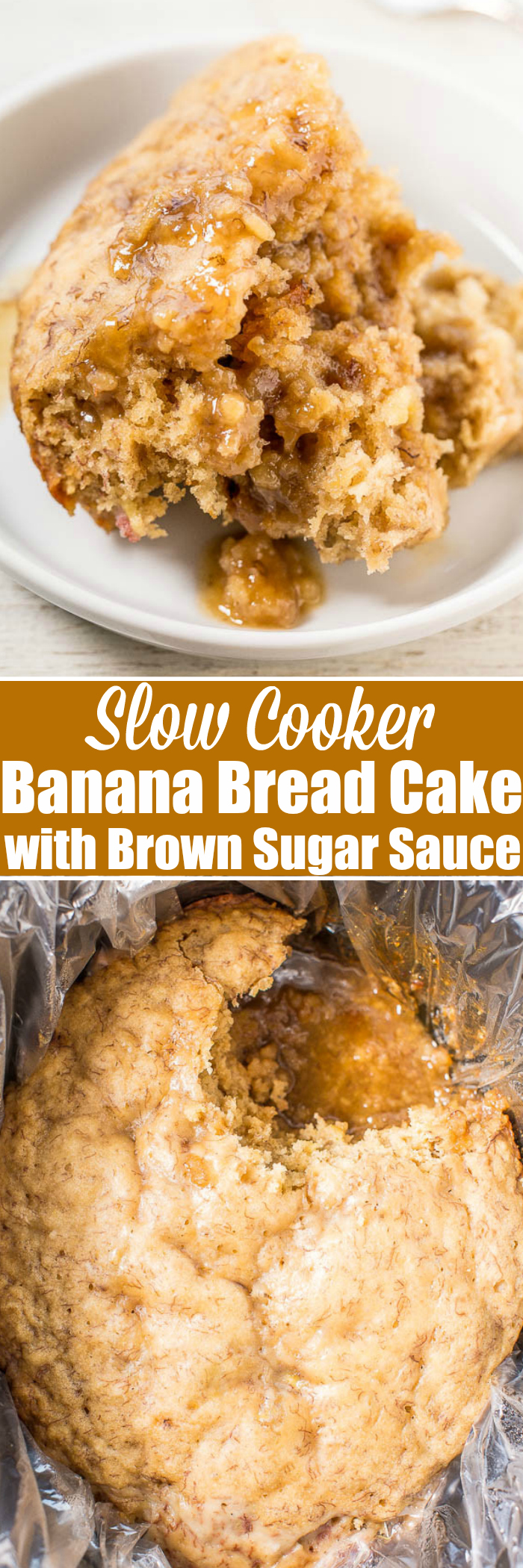 Slow Cooker Banana Bread Cake with Brown Sugar Sauce — Soft, tender CrockPot banana bread with a caramely, brown sugar sauce that develops while the bread cooks!! If you've never made a slow cooker dessert, start with this easy recipe!!