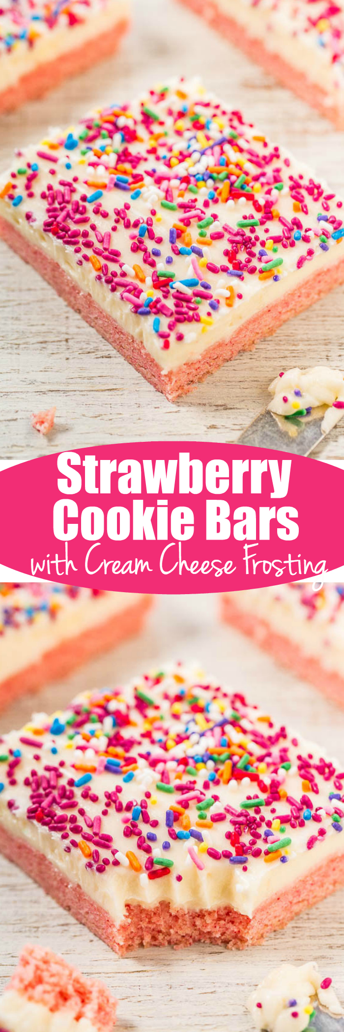 Strawberry Cookie Bars with Vanilla Cream Cheese Frosting - Soft, chewy, and bursting with strawberry flavor!! The frosting and sprinkles make these easy, goof-proof bars taste even better! Perfect for parties and holidays!!