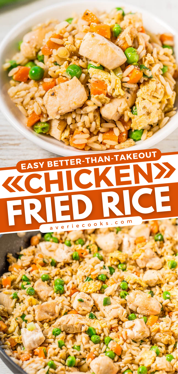 Easy Better-Than-Takeout Chicken Fried Rice — One-skillet, ready in 20 minutes, and you'll never want takeout again after tasting how good homemade is!! Way more flavor, not greasy, and loads of juicy chicken!!