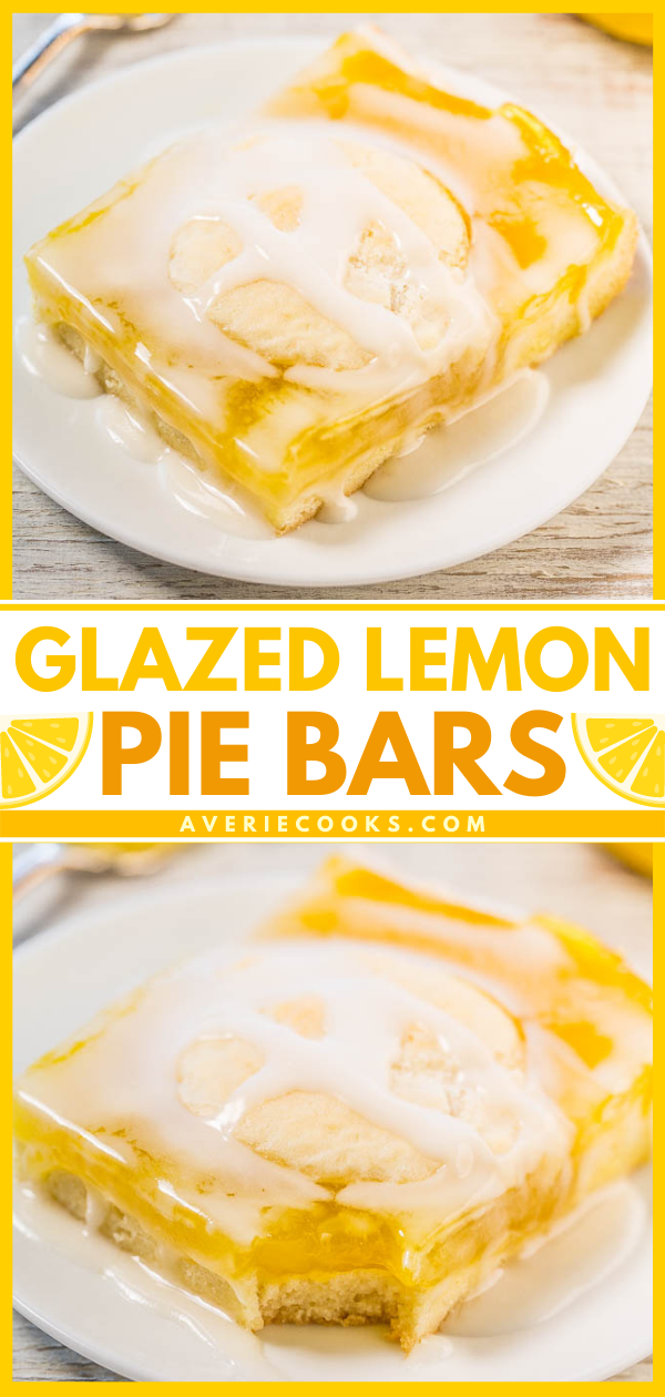 Glazed Lemon Pie Bars — Buttery soft crust with luscious lemon filling and a lemon glaze boosts the bold lemon flavor even more!! If you like lemon pie, you'll love these easy bars that are so much easier than making pie!!