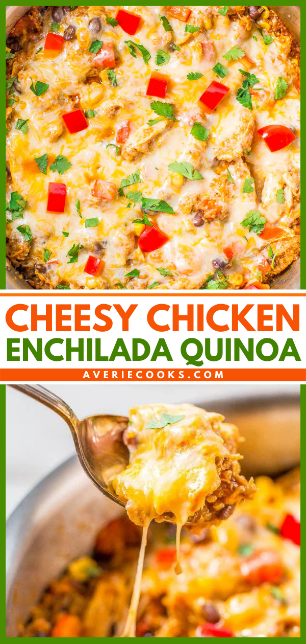 Cheesy Chicken Enchilada Quinoa - All the flavor of chicken enchiladas, minus the work of rolling them!! Juicy chicken, corn, black beans, peppers, and loads of melted cheese! Easy, one-skillet, and ready in 30 minutes!!