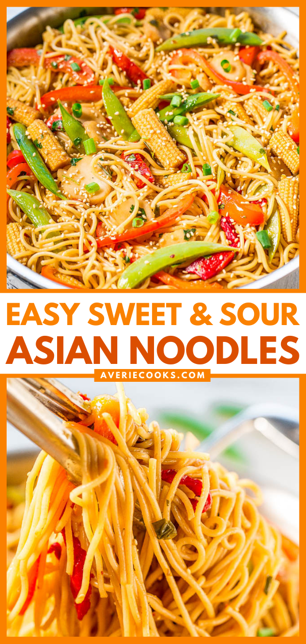 These 30-Minute Asian Noodles are made with a homemade sweet and sour sauce. Perfect as a side or main dish, and kids love this recipe!