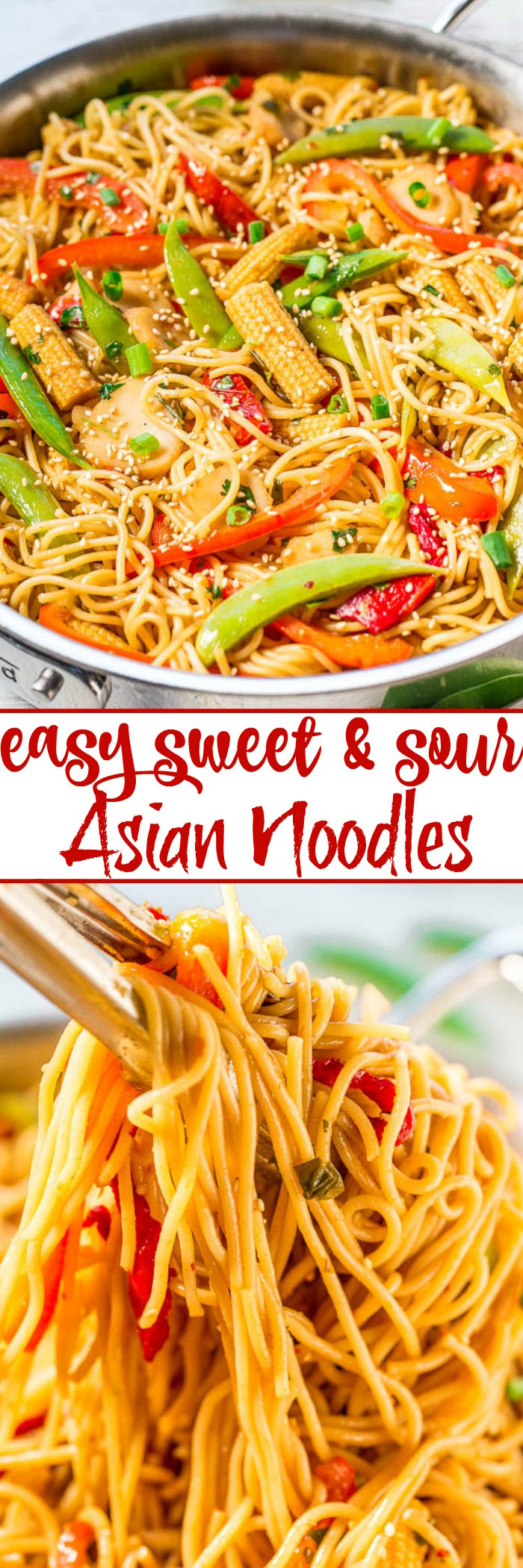 Easy Sweet and Sour Asian Noodles - So much flavor in these easy noodles that are ready in 30 minutes!! Plenty of vegetables add great crunch! You won't miss takeout when homemade tastes way better and is healthier!!