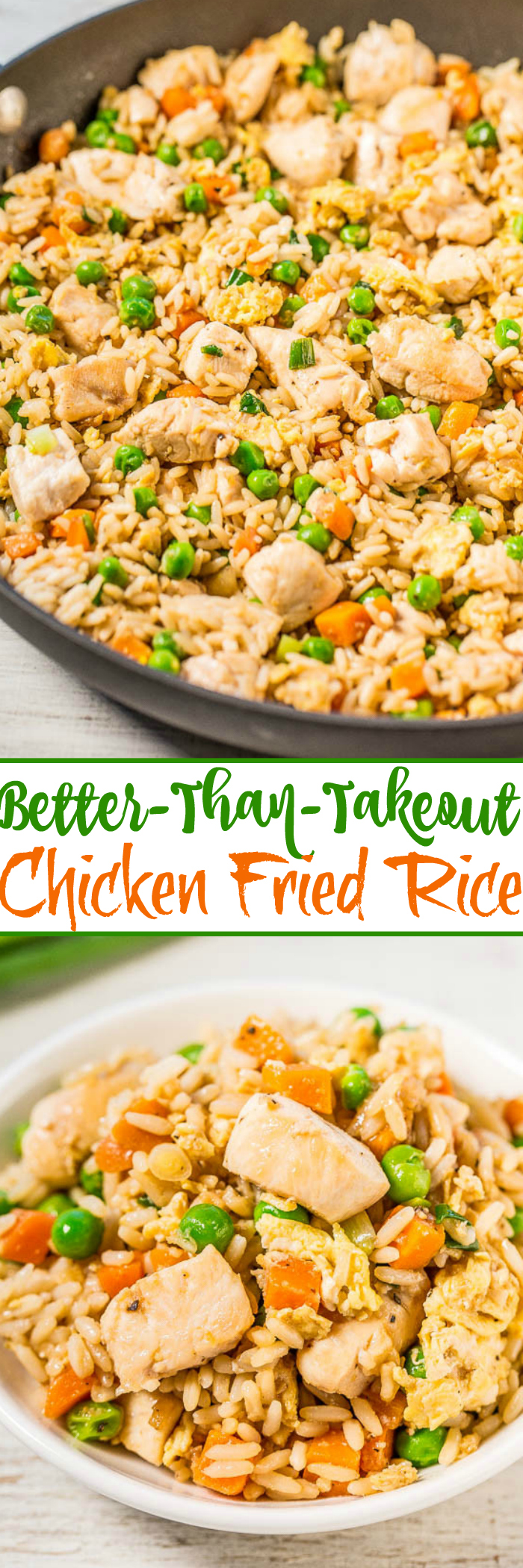 Easy Better-Than-Takeout Chicken Fried Rice - One-skillet, ready in 20 minutes, and you'll never want takeout again after tasting how good homemade is!! Way more flavor, not greasy, and loads of juicy chicken!!