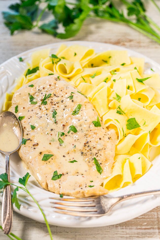 Chicken with Mustard Cream Sauce and Pasta - Unbelievable depth of flavor from the mustard and cream sauce can do no wrong!! Easy, one-skillet, ready in 30 minutes, and will be an instant favorite!!