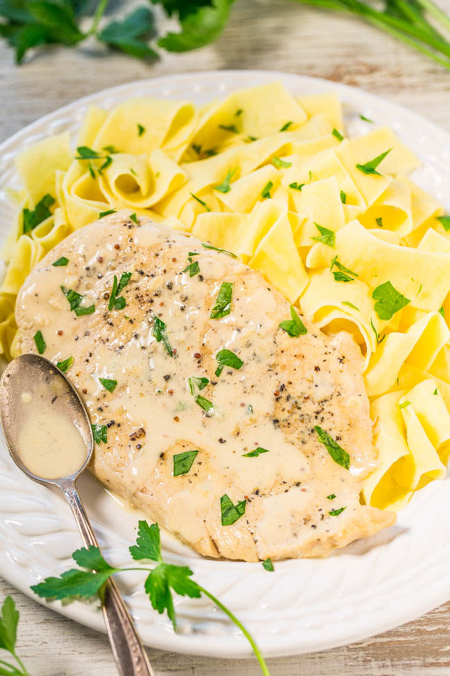 Chicken with Mustard Cream Sauce and Pasta - Unbelievable depth of flavor from the mustard and cream sauce can do no wrong!! Easy, one-skillet, ready in 30 minutes, and will be an instant favorite!!